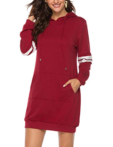 Product Cover FINWANLO Women's Pullover Hoodie Dress Long Stripe Sleeve Tunic Sweatshirt Casual Hooded Sweater Dresses Pocket Wine Red