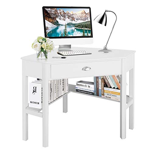 Product Cover Tangkula Corner Desk, Corner Computer Desk, Wood Compact Home Office Desk, Laptop PC Table Writing Study Table, Workstation with Storage Drawer & Shelves