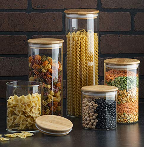 Product Cover Canister Set of 5, Glass Kitchen Canisters with Airtight Bamboo Lid, Glass Storage Jars for Kitchen, Bathroom and Pantry Organization Ideal for Flour, Sugar, Coffee, Candy, Snack and More