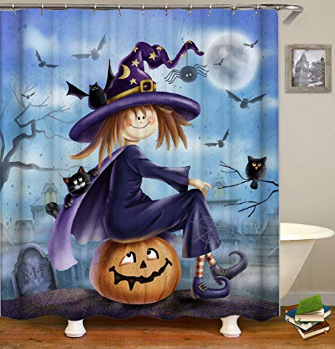 Product Cover feitianshendan Halloween Shower Curtain, Pumpkin Witch Polyester Fabric Bath Accessories Shower Curtains Decor with 12PCS Hooks 72X72 Inches， Purple