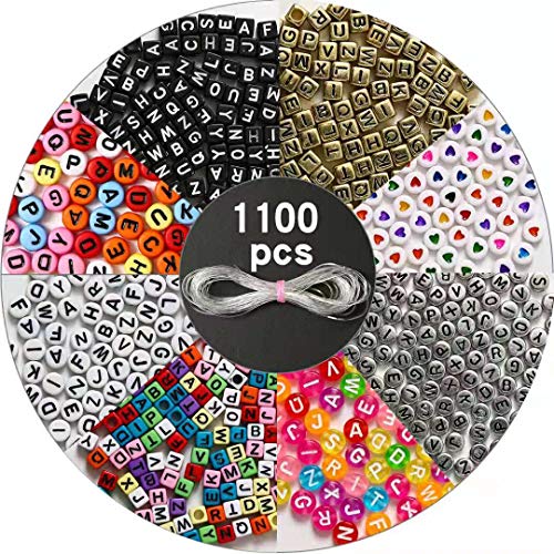 Product Cover 1100pcs 15 Color Acrylic Alphabet Letter Beads with 1 Roll of Crystal String Cord, Beads for DIY Kandi Bracelets Key Chains Necklaces and Other Jewelry Making