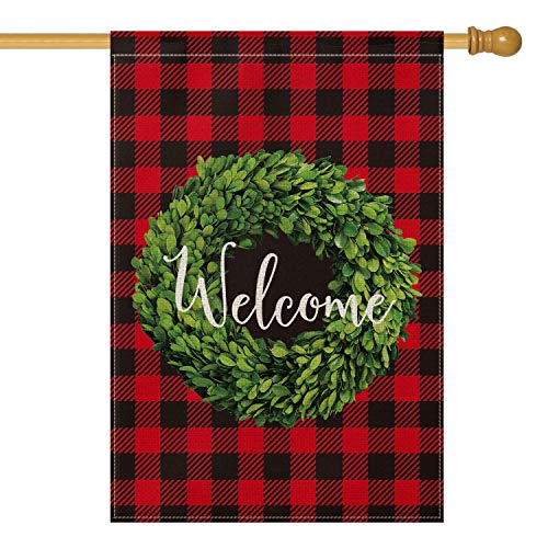 Product Cover AVOIN Christmas Boxwood Wreath Welcome House Flag Vertical Double Sided, Winter Buffalo Check Plaid Rustic Farmhouse Burlap Flag Yard Outdoor Decoration 28 x 40 Inch