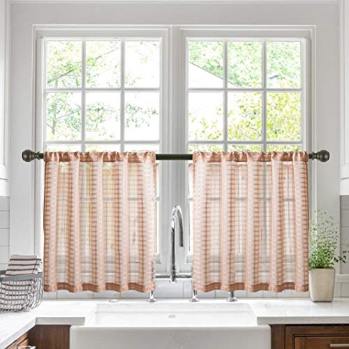 Product Cover Jola's House Tier Curtains Kitchen Cafe Bathroom Window Curtain Panels, Classic Gingham Checkered Pattern Coral Semi Sheer Curtains Pocket (W34 x L36 Inch, 2 Panels)