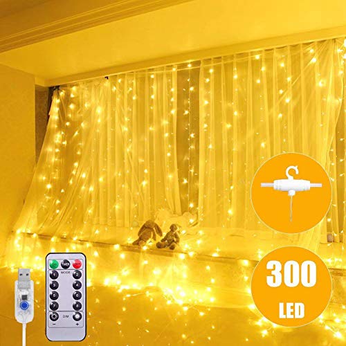 Product Cover Twinkle Star 300 LED Window Curtain String Light USB Copper Wire Remote Control for Christmas Wedding Party Home Garden Bedroom Outdoor Indoor Wall Decorations (Warm White)