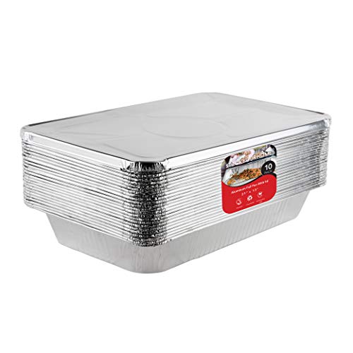 Product Cover Aluminum Pans with Lids 21x13 Disposable Roasting Pans with Covers - 10 Foil Pans and 10 Foil Lids - Sturdy Catering Pans - Disposable Food Containers Great for Prepping Large Slabs of Meat
