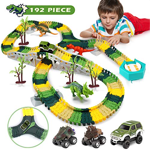 Product Cover EpochAir Dinosaur Toys 192pcs Dinosaur Tracks Race Car Dinosaur World Flexible Train Road Birthday Gifts with 3 Vehicles for 3 4 5 6+ Year Old Boys Girls and Kids