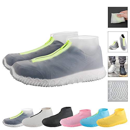 Product Cover ATOFUL Reusable Silicone Waterproof Shoe Covers, Silicone Shoe Covers with Zipper No-Slip Silicone Rubber Shoe Protectors for Kids,Men and Women (Transparent, M)
