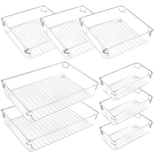 Product Cover Mebbay Desk Drawer Organizer Trays Clear Plastic Vanity Storage Drawer 3 Size 8 Piece for Bedroom Bathroom Kitchen