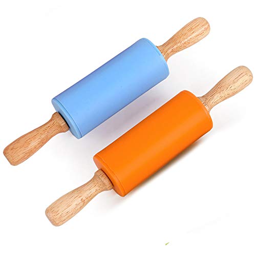 Product Cover Honglida 9 Inch Silicone Rolling Pin for Kids, Non-Stick Surface and Comfortable Wood Handles(Pack of 2) (Blue + Orange)