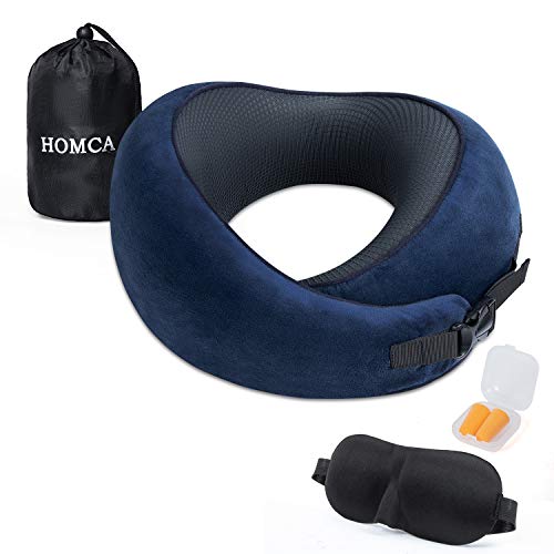 Product Cover HOMCA Travel Pillow - 100% Pure Memory Foam Neck Pillow for Airplane, Adjustable Comfortable Flight Pillow for Sleeping, 360º Head Neck and Chin Support with Storage Bag, Sleep Mask, Earplugs，Blue