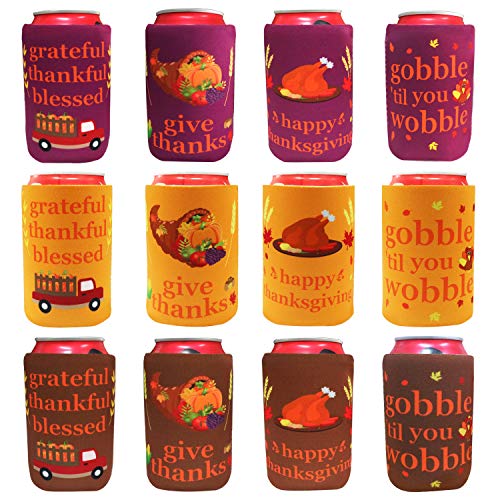 Product Cover Thanksgiving Decorations - Tifeson 12 Pack Thanksgiving Beer Can Cooler Covers - Funny Turkey Neoprene Beer Can Sleeves for Fall Decor