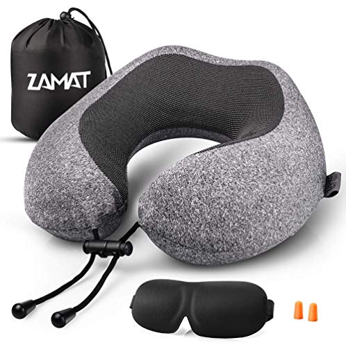Product Cover ZAMAT Breathable & Comfortable Memory Foam Travel Pillow, Adjustable Travel Neck Pillow for Airplane Travel, 360° Stable Neck Support Airplane Pillow with Soft Velour Cover, Portable Bag (Gray)