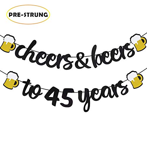 Product Cover Joymee Cheers & Beers to 45 Years Black Glitter Banner for 45th Birthday Wedding Aniversary Party Supplies Decorations - PRESTRUNG