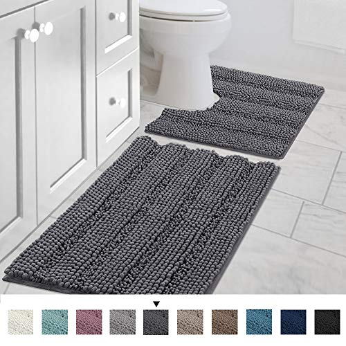 Product Cover Extra Thick Chenille Striped Pattern Bath Rugs for Bathroom Non Slip - Soft Plush Shaggy Bath Mats for Bathroom Floor, Indoor Mats Rugs for Entryway (Gray, 32 x 20 Plus 20 x 20 - Inches)