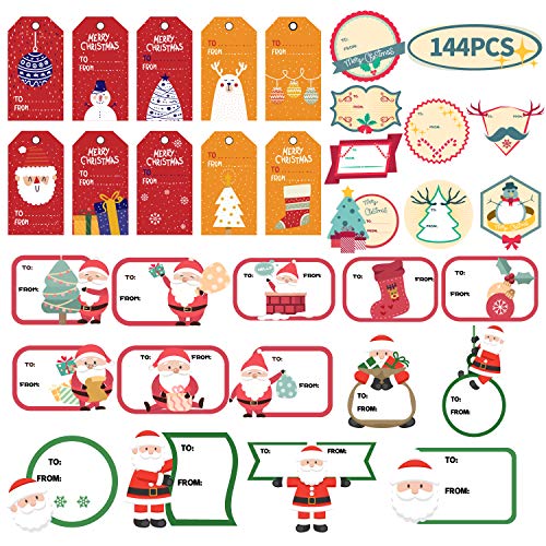 Product Cover KIDPAR 144 PCS Christmas Gift Tags Self-Adhesive Stickers for Festival Presents, Wrapping Paper and Gift Bags Holiday Decorative Labels Decals