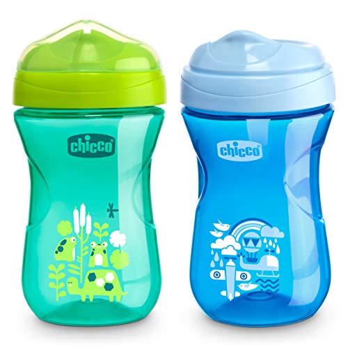 Product Cover Chicco Rim Spout Trainer Spill Free Bite Poof Rim Baby Sippy Cup, 9 Months+, Blue/Teal, 9 Ounce (Pack of 2)