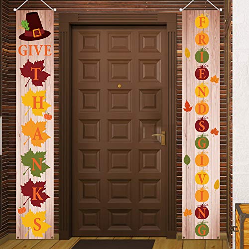 Product Cover Mosoan Friendsgiving Decorations Friends Thanksgiving Feast Party Supplies - Thanksgiving Porch Sign - Thanksgiving Decorations Outdoor Indoor - Give Thanks Banner - Friendsgiving Banner Sign