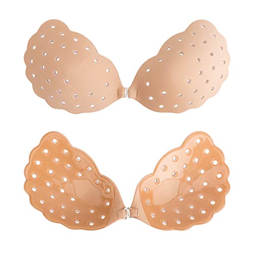 Product Cover Uincnino Adhesive Bra，Strapless Sticky Invisible Push up Bra，Sticky Bras ，Breathable Reusable Sticky Backless Bra (C, Beige)