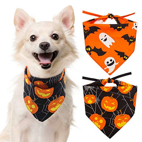 Product Cover SCENEREAL Halloween Dog Bandana 2 Pack - Triangle Bibs Scarf Pumpkin Ghost Holiday Accessories for Dogs Puppy Cats