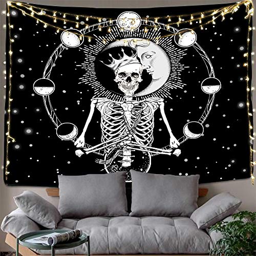 Product Cover Hexagram Skull Tapestries Psychedelic Sun and Moon Tapestry Hippie Skeleton Wall Art Trippy Black and White Tapestry Wall Hanging Small Tarot Wall Tapestry for Bedroom Halloween Decorations
