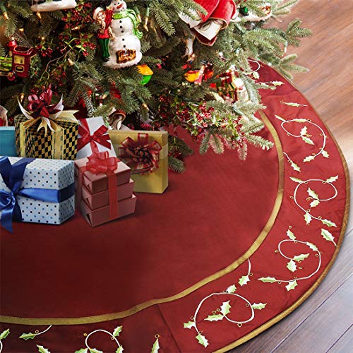 Product Cover ANOTHERME Large Christmas Tree Skirt Red 60 inch, Deluxe Handmade with Holly Leaves, Xmas Decoration, Burgundy