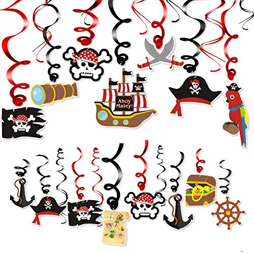 Product Cover Levfla 30CT Pirate Party Hanging Foil Swirls Decoration Kids Birthday Photo Props Adventure Ideas Ceiling Captain Hat Skull Treatures Parrot Cutouts Halloween Door Whirls Streamers Favor Supplies