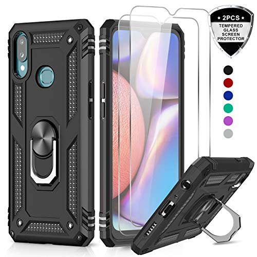 Product Cover LeYi Samsung Galaxy A10S Case (Not Fit A10) with Tempered Glass Screen Protector [2 Pack], [Military Grade] Defender Protective Phone Case with Car Ring Holder Kickstand for Samsung A10S JSFS Black