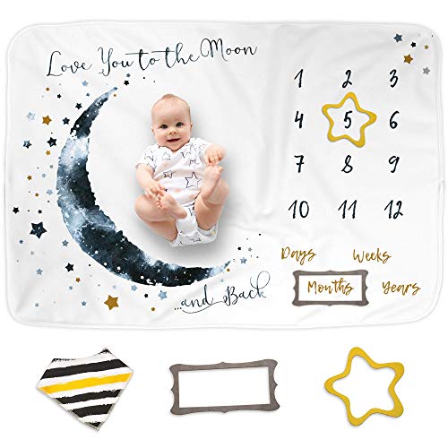 Product Cover Luka&Lily Baby Monthly Milestone Blanket for Baby Boy and Girl, Baby Photo Blanket for Newborn Baby Shower, Monthly Blanket for Baby Pictures, Includes Bandana Drool Bib + 2 Frames, Large 60