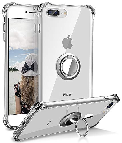 Product Cover DAUPIN iPhone 8 Plus Case, Clear iPhone 7 Plus Case with 360 Rotatable Ring Kickstand Soft TPU Bumper PC Hard Back Protective Phone Case for iPhone 7 Plus 8 Plus (Silver)