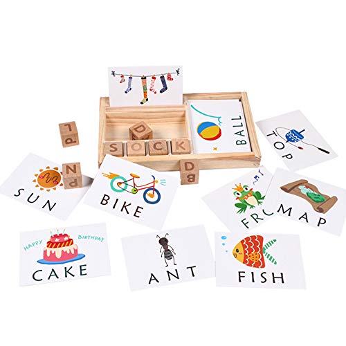Product Cover Wooden Develops Alphabet Words Spelling Letter Block for Girls Boys Gift, Preschool Learning Toys, Matching Letter Game (30pcs Cards)