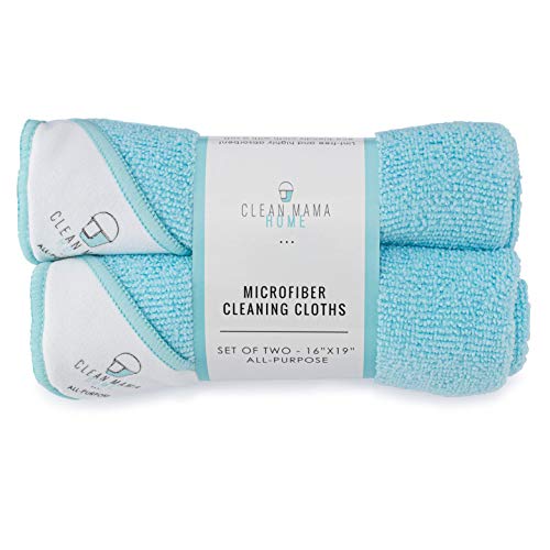 Product Cover Clean Mama Microfiber All Purpose Use Cleaning Cloths 16 x 19 inches, Set of 2. Large and Absorbent, Lint Free and Streak Free Towels.