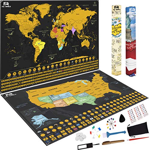 Product Cover Fox Ramble 2-Pack Scratch Off World Map and United States Scratch Map: Gold Travel Posters Reveal Colorful Countries, U.S. National Parks, Landmarks, Flags. Best Gift Idea for Travelers