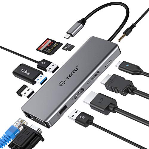 Product Cover USB C Hub, TOTU Upgraded 12 in 1 Type C Hub to 4K HDMI & DP, VGA,2 USB3.0/2 USB2.0/75W PD,Triple Display Docking Station for Windows USB C and Thunderbolt3 Systems,macOS only Support Dual Display