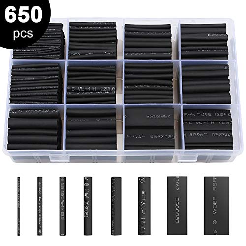 Product Cover 650pcs Heat Shrink Tubing Black innhom Heat Shrink Tube Wire Shrink Wrap UL Approved Ratio 2:1 Electrical Cable Wire Kit Set Long Lasting Insulation Protection, Safe and Easy, Eco-Friendly Material