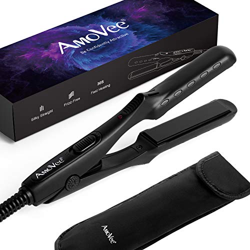 Product Cover AmoVee Mini Flat Iron Ceramic Tourmaline Hair Straightener 1/2 Inch 3D Floating Plates Dual Voltage Instant Heat for Travel, Free Carry Bag Included