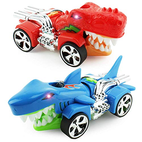 Product Cover Boley Shark and Dino Chomper Race Cars - Shark Car and Dinosaur Car with Chomping Action! Battery Powered 2 Pack Bright Shark and Dino Car Toys for Boys and Kids Driving Racing Games