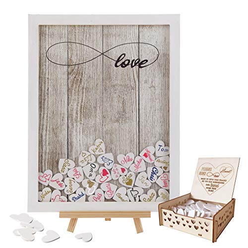 Product Cover Y&K Homish Wedding Guest Book Wooden Picture Frame, Drop Top Frame Sign Book with 100PCS Wooden Hearts, Rustic Wedding Decorations and The Wedding Gift (White Wooden Frame + Unlimited Love)
