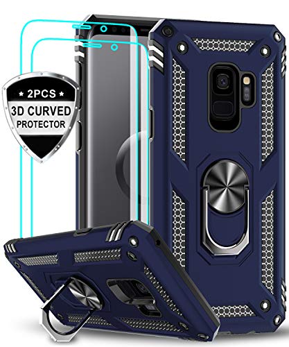 Product Cover LeYi Samsung Galaxy S9 Plus Case with 3D PET Screen Protector [2 Pack], [Military Grade] Shock Absorption Defender Protective Phone Case with Car Holder Mount Kickstand for Samsung S9 Plus JSFS Blue