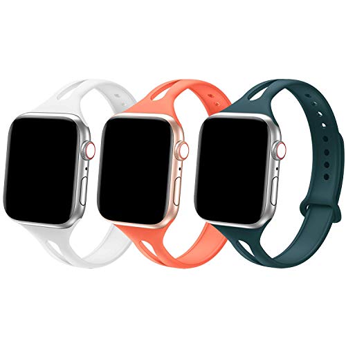 Product Cover Bandiction Sport Band Compatible with Apple Watch 38mm 40mm, Soft Silicone Sport Strap Replacement Narrow Bands for iWatch Series 5 4 3 2 1 Sport Edition Women Men (Pacific Green/White/Nectarine)
