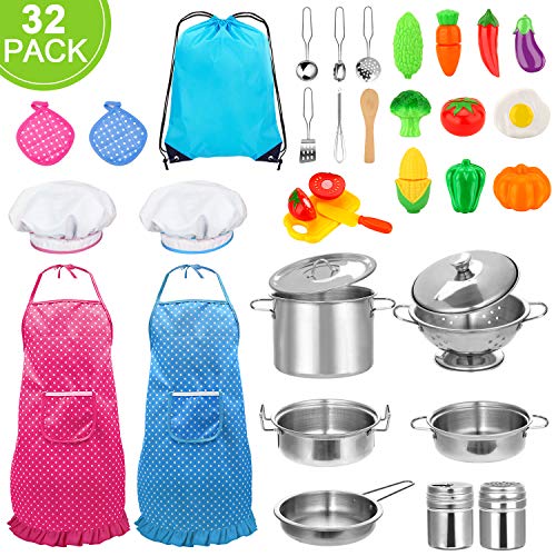 Product Cover 32pcs Kids Kitchen Pretend Play Toys Toy Kitchen Set with Stainless Steel Cooking Utensils Cookware Pots and Pans Set Healthy Vegetables, Knife, Little Chef for Toddlers & Children Boys Girls
