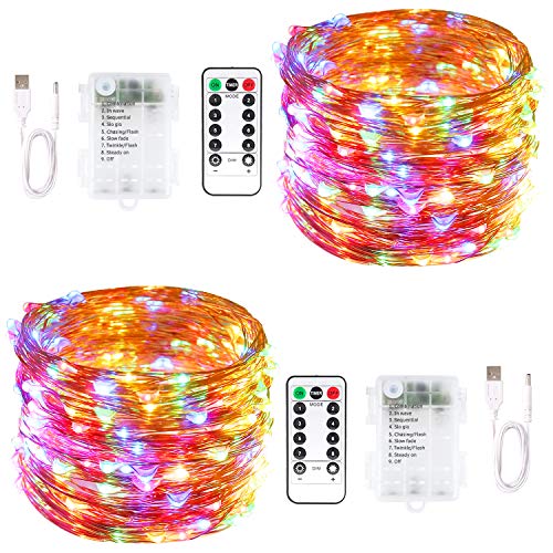 Product Cover Blingstar Fairy Lights USB and Battery Operated String Lights 33ft 100 LED Christmas Lights Remote Control Timer 8 Modes Firefly Lights 2 Pack Multicolor Fairy String Lights for Bedroom Wedding Decor