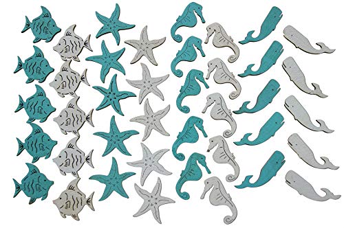 Product Cover Shoreside Nautical Sea Creatures Miniature Beach Themed Arts and Crafts Wood Cut Outs Seahorse, Whale, Starfish and Fish (40 Pieces)