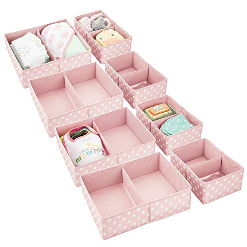 Product Cover mDesign Soft Fabric Dresser Drawer and Closet Storage Organizer for Child/Kids Room, Nursery - Divided 2 Compartment Organizer - Fun Polka Dot Print, 4 Pack - Pink with White Dots