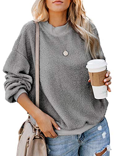 Product Cover Shawhuwa Women's Casual Crewneck Long Sleeve Fleece Pullover Sweatshirts Solid Color Fuzzy Warm Outerwear Tops