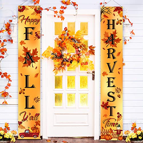 Product Cover Blulu Welcome Fall Harvest Decorative Porch Sign Autumn Door Sign Pumpkin Maple Leaf for Fall Party Thanksgiving Decoration Garden Yard (Orange Happy Fall Y'all)