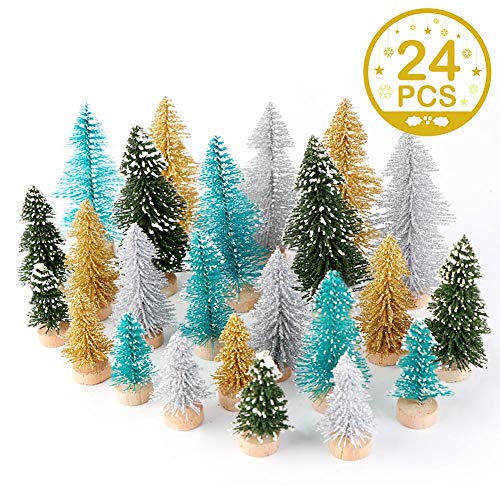 Product Cover AerWo 24PCS Mini Christmas Trees, Bottle Brush Trees for Winter Decor, Small Artificial Christmas Trees, Frosted Sisal Trees for Winter DIY Crafts, (4 Colors and 3 Sizes)