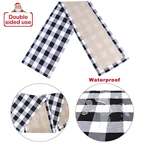Product Cover OurWarm Cotton & Burlap Buffalo Plaid Check Table Runner, Waterproof Reversible Christmas Table Runner for Christmas Table Decorations Lumberjack Party Supplies, Black and White, 14 x 72 Inches