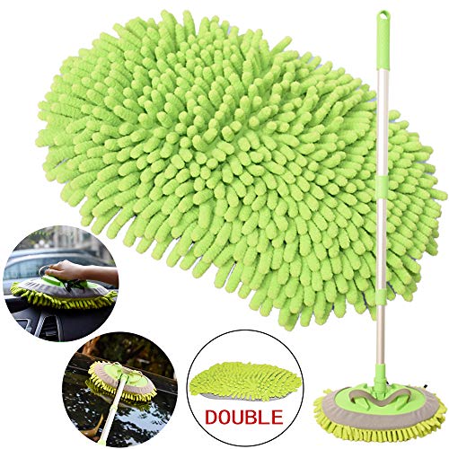 Product Cover 2-in-1 Car Wash Mop Mitt with Long Handle, Chenille Microfiber Car Wash Dust Brush Extension Pole Adjustable Length 24in-46in, Scratch Free Tool for Cleaning Truck, Total 2 Pcs Replacement Mop Head