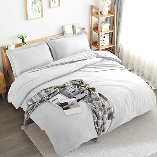 Product Cover Edilly 3 Pieces Washed Duvet Cover Set White Queen Size Ultra Soft Double Brushed Microfiber Hotel Collection Luxurious Comforter Covers with Zipper Closure, 1 Duvet Cover and 2 Pillow Shams