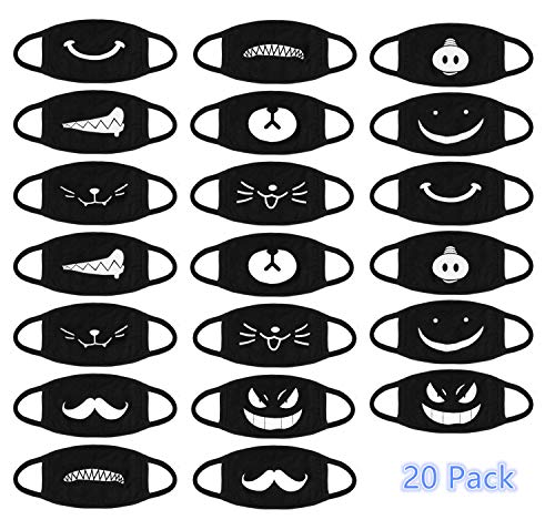 Product Cover Yesland 20 Pack Black Anti-Dust Anime Cotton Mask - 10 Cute Pattern Unisex Cotton Blend Face Mouth Mask - Ideal for Men Women